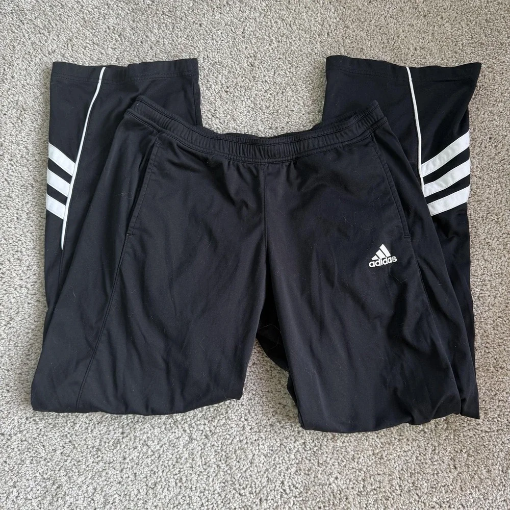 Adidas Track Pants Mens Medium Black Knit Elastic Waist Pockets Stripe Bootcut